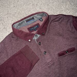 Ted Baker London Shirt Men Size 7 Button Up Long Sleeve Textured Maroon
